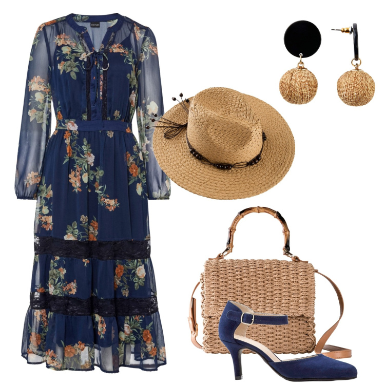 Outfit donna - Total look #1852934. Stile Boho per Cerimonia. Abbinamento con décolleté, orecchini, vestiti midi/longuette, cappelli, borse a mano.