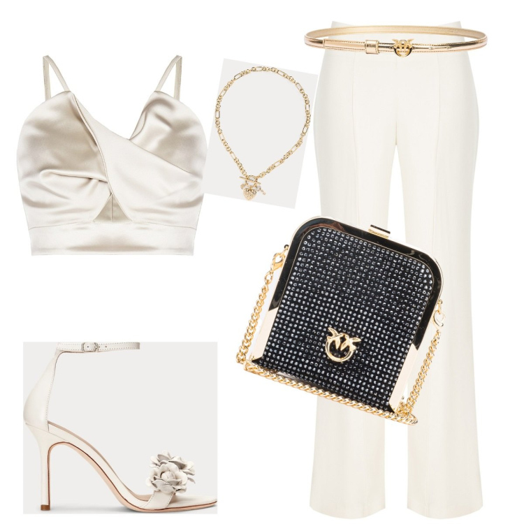 Outfit donna - Nero oro e panna. Stile Chic per Cerimonia. Abbinamento con clutch, cinture, top, pantaloni a palazzo, sandali in pelle, ciondoli.