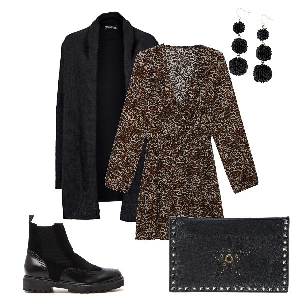 Outfit donna - Animalier. Stile Trendy per Tutti i giorni. Abbinamento con cardigans, orecchini a goccia nero, borsa a mano con borchie taglia media con zip interno foderato in pelle sintetica tinta unita, vestito corto animalier a maniche lunghe, stivaletti effetto scamosciato.