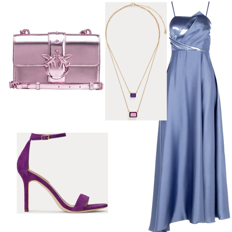 Outfit donna - tocco di viola. Stile Chic per Cerimonia. Abbinamento con borse a tracolla, vestiti lunghi, sandali col tacco, collane.
