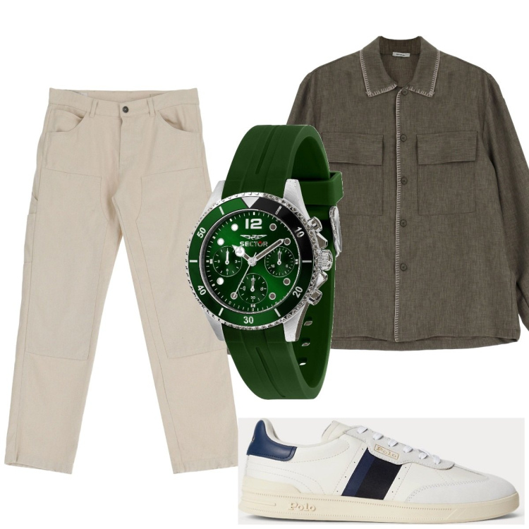 Outfit uomo - Caffè all aperto. Stile Casual per Tutti i giorni. Abbinamento con camicie, pantaloni, sneakers, orologi.