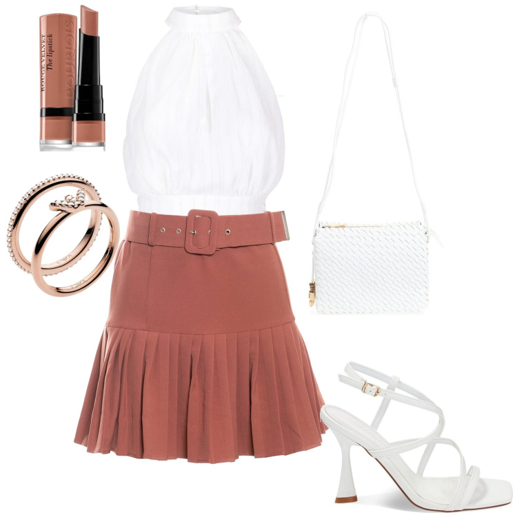 Outfit donna - Primi appuntamenti. Stile Sexy per Tutti i giorni. Abbinamento con anelli, rossetti, minigonne, bluse, borse a tracolla, sandali col tacco.