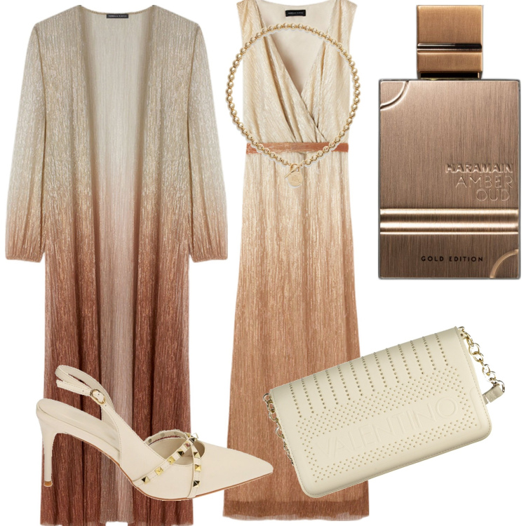 Outfit donna - Testimone della sposa. Stile Chic per Cerimonia. Abbinamento con profumi, décolleté, collane, vestiti lunghi, cardigans, borse a tracolla.