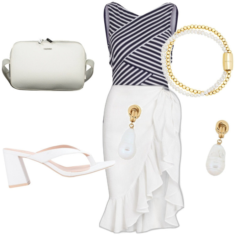 Outfit donna - Gonna in cotone e lino. Stile Casual per Tutti i giorni. Abbinamento con costumi interi, infradito, orecchini, braccialetti, gonne, borse a tracolla.