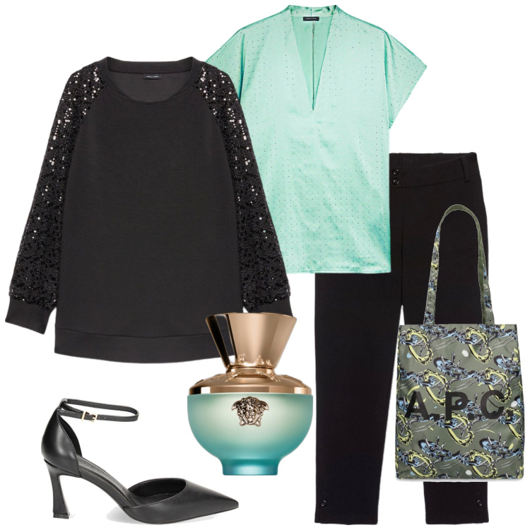 Outfit donna - Aperitivo con le amiche. Stile Casual chic per Serata fuori. Abbinamento con profumi, décolleté, bluse, felpe, pantaloni, shopping bag.