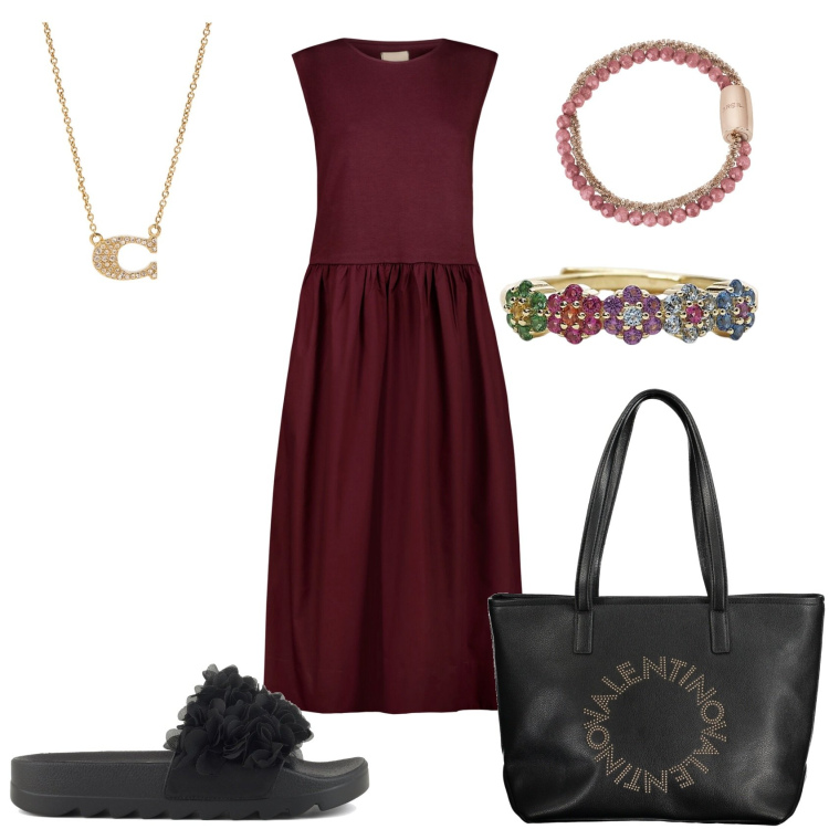 Outfit donna - Vestito per la giornata a casa del mare. Stile Romantica per Tutti i giorni. Abbinamento con braccialetti, collane, anelli, ciabatte, vestiti midi/longuette, borse a spalla.