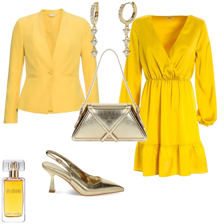 Outfit donna - Chic cerimonia evento. Stile Chic per Cerimonia. Abbinamento con blazer, profumi, orecchini, vestiti, borse a spalla, décolleté.
