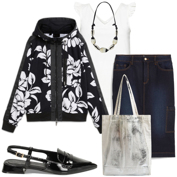 Outfit donna - In ufficio. Stile Casual per Ufficio. Abbinamento con top, felpe, gonne, shopping bag, ballerine, collane.
