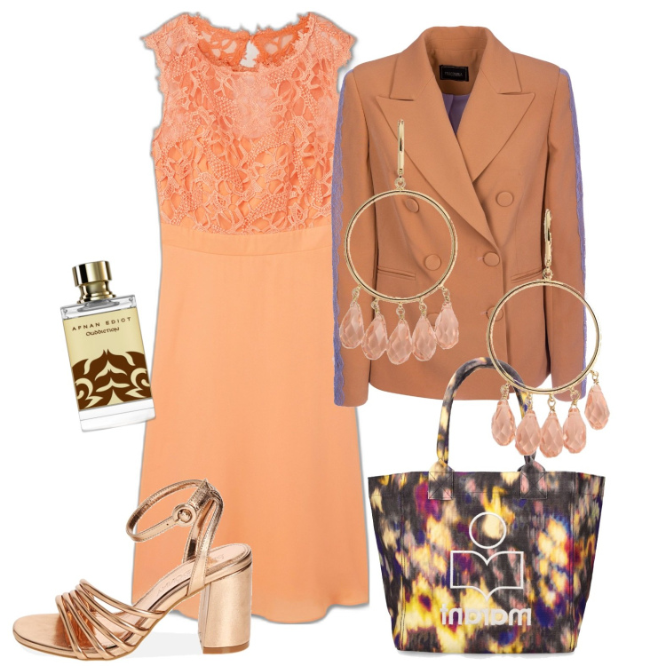 Outfit donna - Serata vestita con i colori del tramonto. Stile Bon Ton per Serata fuori. Abbinamento con vestiti, profumi, blazer, sandali col tacco, orecchini, shopping bag.