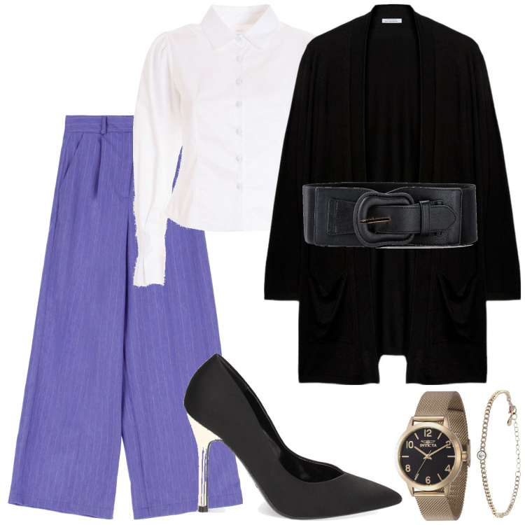 Outfit donna - Cintura su cardigan. Stile Casual chic per Ufficio. Abbinamento con cinture, orologi, camicie, pantaloni, décolleté, cardigans.