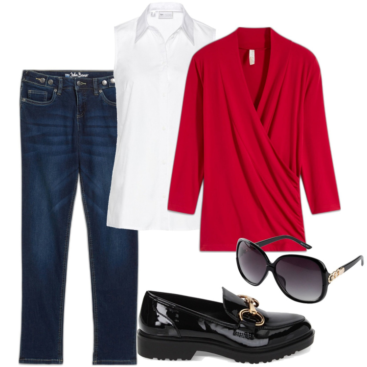 Outfit donna - In ufficio. Stile Casual per Tutti i giorni. Abbinamento con jeans boyfriend, occhiali da sole, maglieria, camicie, mocassini.