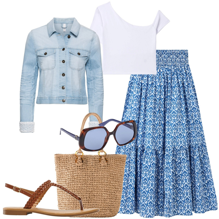 Outfit donna - La gonna arricciata in vita. Stile Romantica per Tutti i giorni. Abbinamento con blazer, ciabatte, shopping bag, gonne lunghe, t-shirt, occhiali da sole.