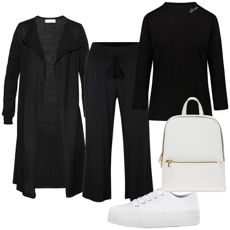 Outfit donna - Cardigan lungo nero. Stile Basic per Tutti i giorni. Abbinamento con cardigans, sneakers, pantaloni, zaini, t-shirt.