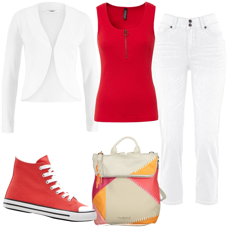 Outfit donna - Cardigan e jeans bianchi. Stile Casual per Tutti i giorni. Abbinamento con top, jeans slim fit, sneakers alte, blazer, zaini.