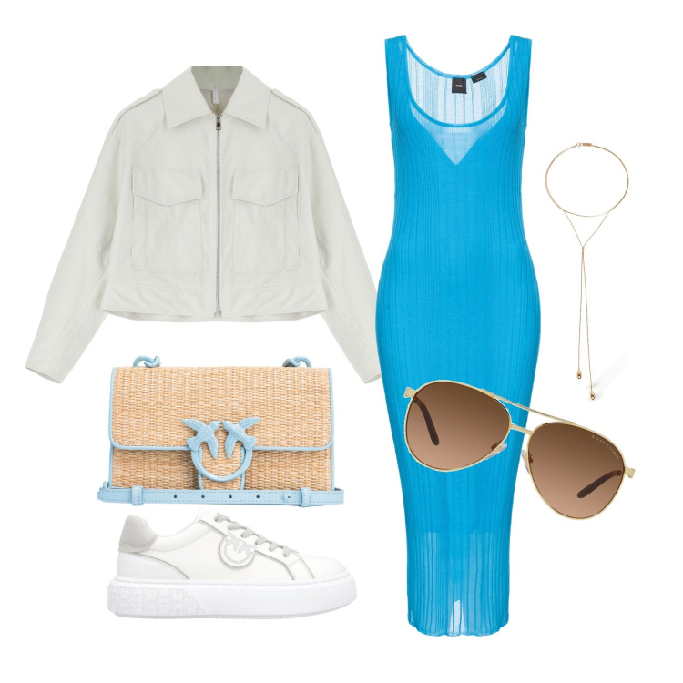 Outfit donna - Ghost outfitter - aprile. Stile Trendy per Tutti i giorni. Abbinamento con sneakers, borse a tracolla, vestiti midi/longuette, giacche, occhiali da sole, collane.