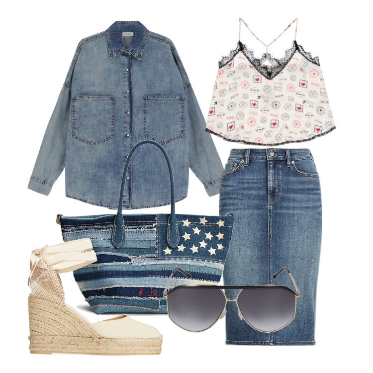 Outfit donna - Ghost outfitter - aprile. Stile Trendy per Tutti i giorni. Abbinamento con camicie, top, gonne, borse tote, espadrillas, occhiali da sole.
