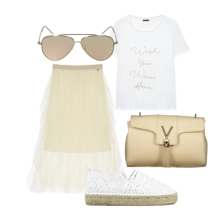 Outfit donna - Ghost outfitter - aprile. Stile Trendy per Tutti i giorni. Abbinamento con gonne longuette, espadrillas, borse a tracolla, occhiali da sole, t-shirt.