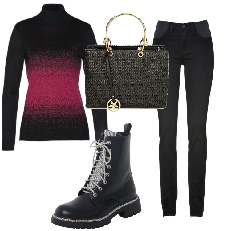 Outfit donna - Total look #1853036. Stile Trendy per Tutti i giorni. Abbinamento con jeans skinny, maglieria, anfibi, borse a mano.