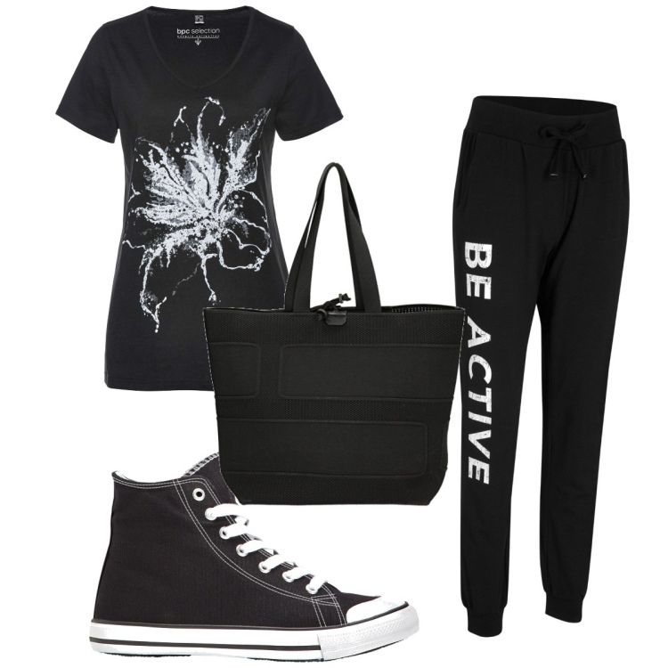 Outfit donna - Total look #1853040. Stile Basic per Sport. Abbinamento con sneakers alte, t-shirt, pantaloni, borse a mano.