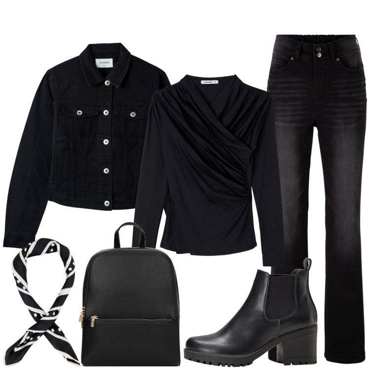 Outfit donna - Total black. Stile Casual per Ufficio. Abbinamento con jeans bootcut, stivaletti chelsea, blazer, t-shirt, foulard, zaini.
