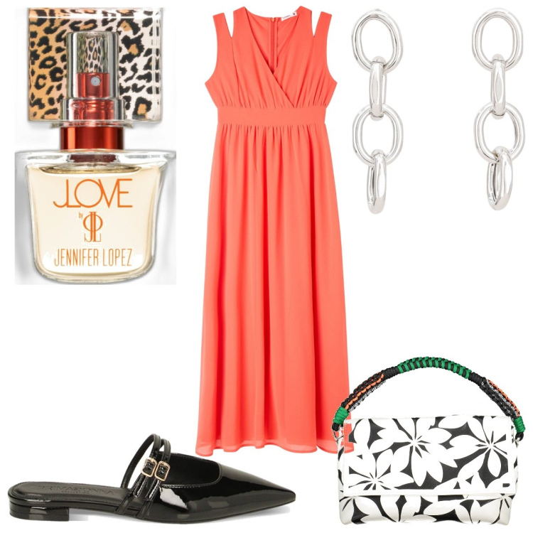Outfit donna - Compleanno trendy. Stile Trendy per Tutti i giorni. Abbinamento con profumi, vestiti lunghi, sabot, orecchini, borse a spalla.