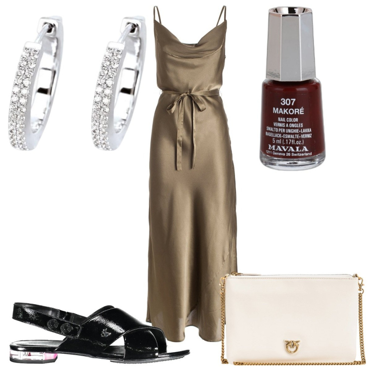 Outfit donna - Total look #1853052. Stile Trendy per Cerimonia. Abbinamento con smalti, orecchini, borse a tracolla, vestiti lunghi, sandali col tacco.