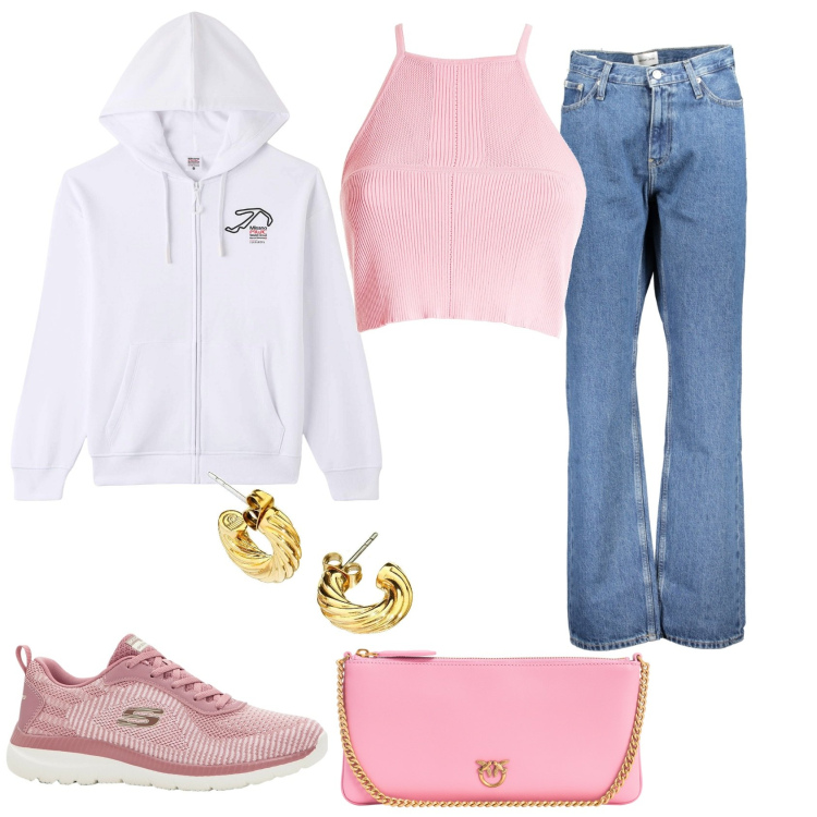 Outfit donna - Sportiva in città. Stile Sporty chic per Tutti i giorni. Abbinamento con sneakers, orecchini, felpe con cappuccio, borse a tracolla, top, jeans dritti.