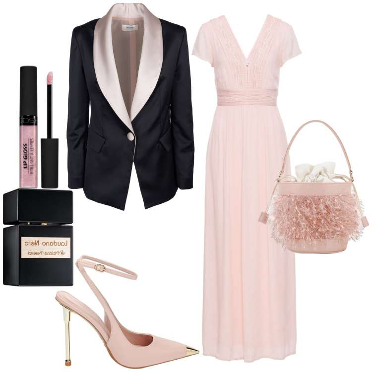 Outfit donna - Abito da cerimonia in stile romantico. Stile Romantica per Cerimonia. Abbinamento con vestiti lunghi, profumi, gloss, blazer, décolleté, borse a secchiello.