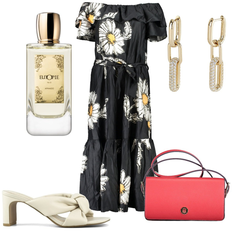 Outfit donna - Total look #1853106. Stile Trendy per Cerimonia. Abbinamento con profumi, orecchini, sandali col tacco, vestiti lunghi, borse a spalla.