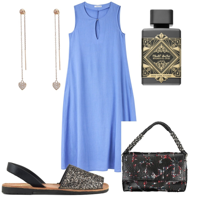 Outfit donna - Total look #1853108. Stile Trendy per Cerimonia. Abbinamento con profumi, vestiti senza maniche, orecchini, borse a spalla, sandali.