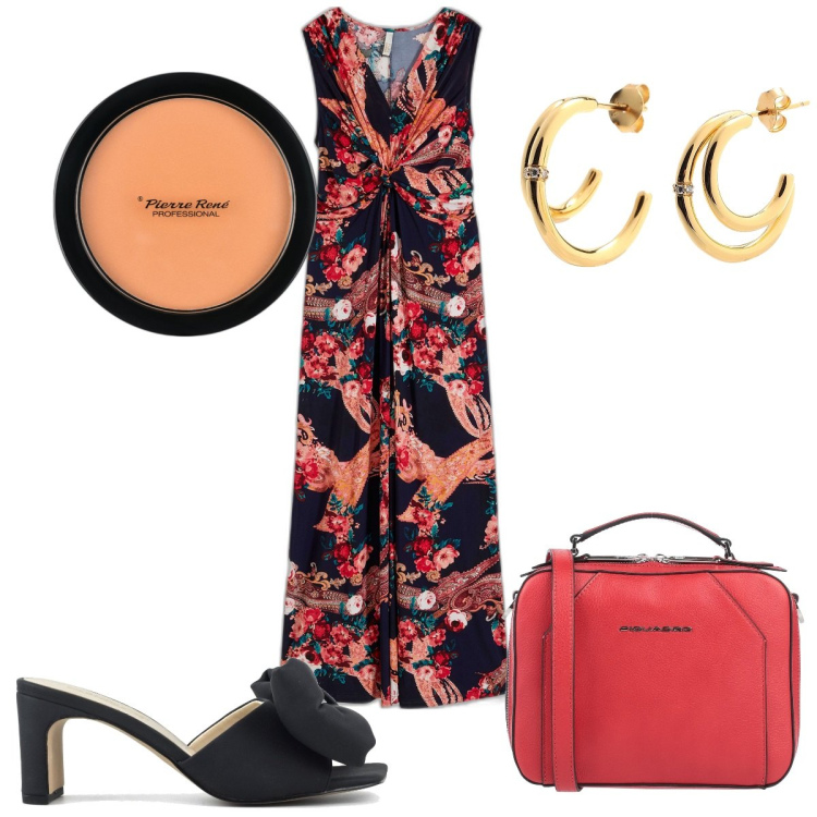 Outfit donna - Total look #1853113. Stile Trendy per Cerimonia. Abbinamento con vestiti lunghi, borse a tracolla, orecchini, ciprie, sandali col tacco.