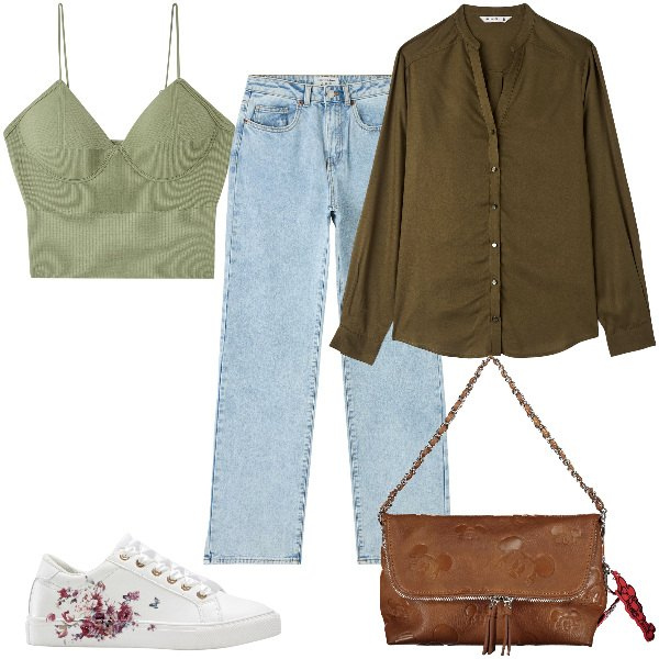 Outfit donna - Total look #1853125. Stile Basic per Tutti i giorni. Abbinamento con sneakers, camicie, jeans dritti, top, borse a spalla.