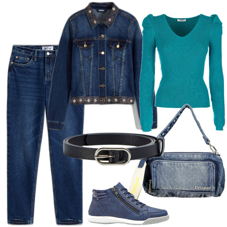 Outfit donna - Total denim. Stile Basic per Tutti i giorni. Abbinamento con sneakers alte, jeans boyfriend, blazer, cinture, maglieria, borse a spalla.