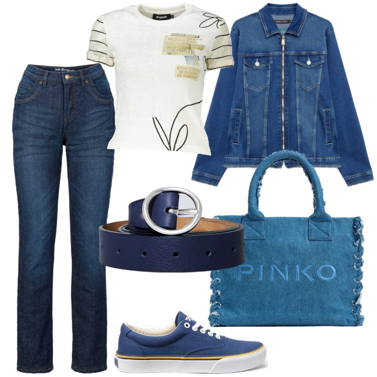 Outfit donna - Total denim. Stile Basic per Tutti i giorni. Abbinamento con jeans dritti, shopping bag, cinture, sneakers, t-shirt, blazer.