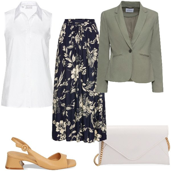 Outfit donna - Total look #1853154. Stile Basic per Ufficio. Abbinamento con gonne lunghe, blazer, camicie, sandali col tacco, pochette.