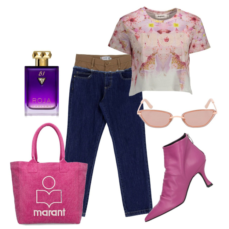 Outfit donna - Tacchi allegri. Stile Casual chic per Tutti i giorni. Abbinamento con stivaletti, profumi, jeans slim fit, t-shirt, occhiali da sole, shopping bag.