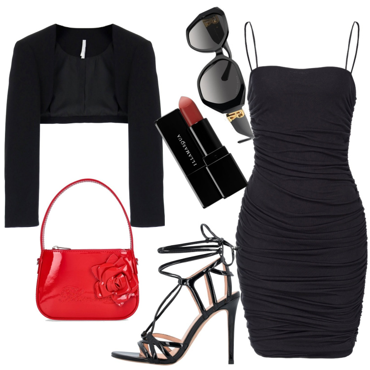 Outfit donna - Sex and the city. Stile Glamour per Tutti i giorni. Abbinamento con rossetti, vestiti asimmetrici, sandali in pelle, blazer, occhiali da sole, borse a mano.