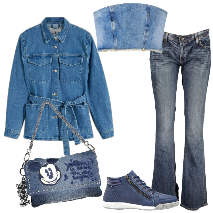Outfit donna - Total denim for fun. Stile Casual chic per Tutti i giorni. Abbinamento con sneakers alte, blazer, top, jeans, borse a spalla.