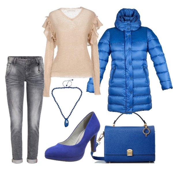 Outfit donna - In blu. Stile Trendy per Tutti i giorni. Abbinamento con pullover senza tasche lavorato a maglia a maniche lunghe in mohair tinta unita, piumino, jeans in denim grigio, scarpe con tacco blu, collana con ciondolo in ottone rosa, borsa a tracolla blu.