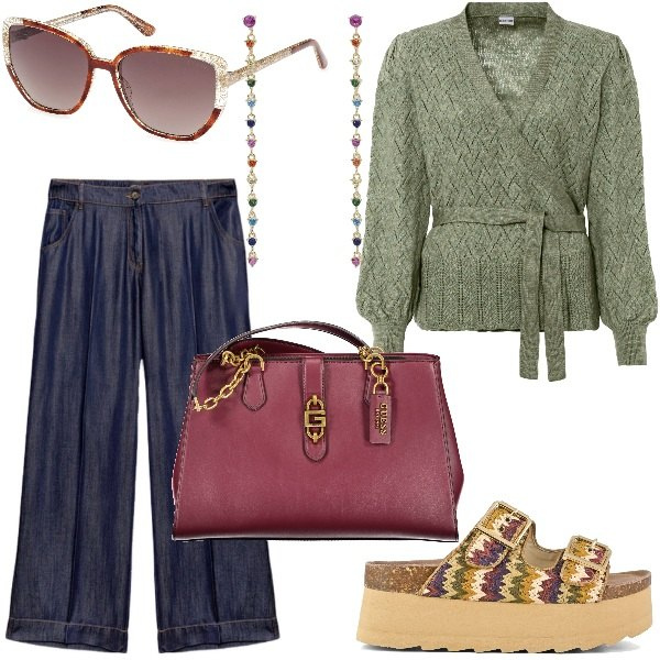 Outfit donna - Vestiti primaverili Curvy Edition. Stile Glamour per Serata fuori. Abbinamento con maglieria, orecchini, zeppe, jeans dritti, borse a spalla, occhiali da sole.