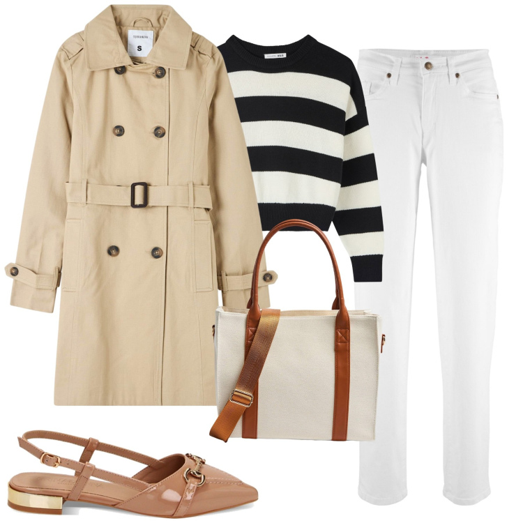 Outfit donna - Temporali di aprile. Stile Casual chic per Tutti i giorni. Abbinamento con jeans mom, trench, shopping bag, maglieria, ballerine.