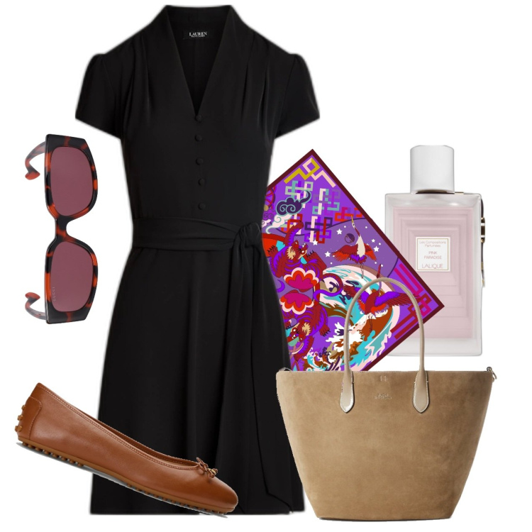 Outfit donna - L\'eleganza dentro. Stile Bon Ton per Tutti i giorni. Abbinamento con profumi, vestiti, borse tote, ballerine, foulard, occhiali da sole.