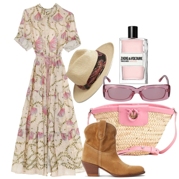 Outfit donna - Weekend con i camperos. Stile Chic per Tutti i giorni. Abbinamento con profumi, borse a secchiello, stivaletti, sciarpe, vestiti midi/longuette, occhiali da sole.