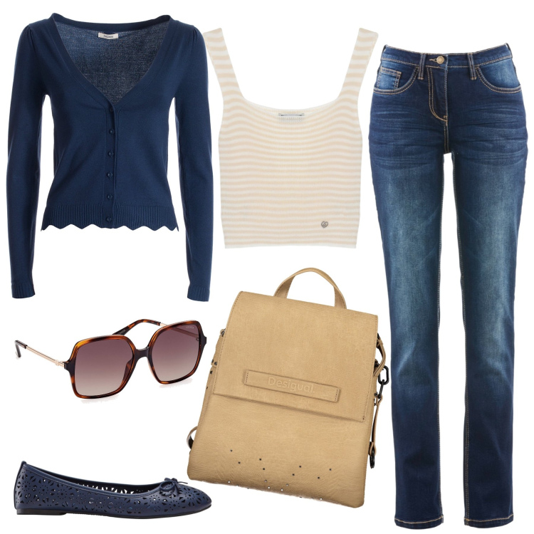 Outfit donna - Lo zainetto beige. Stile Casual per Tutti i giorni. Abbinamento con jeans dritti, ballerine, maglieria, cardigans, occhiali da sole, zaini.