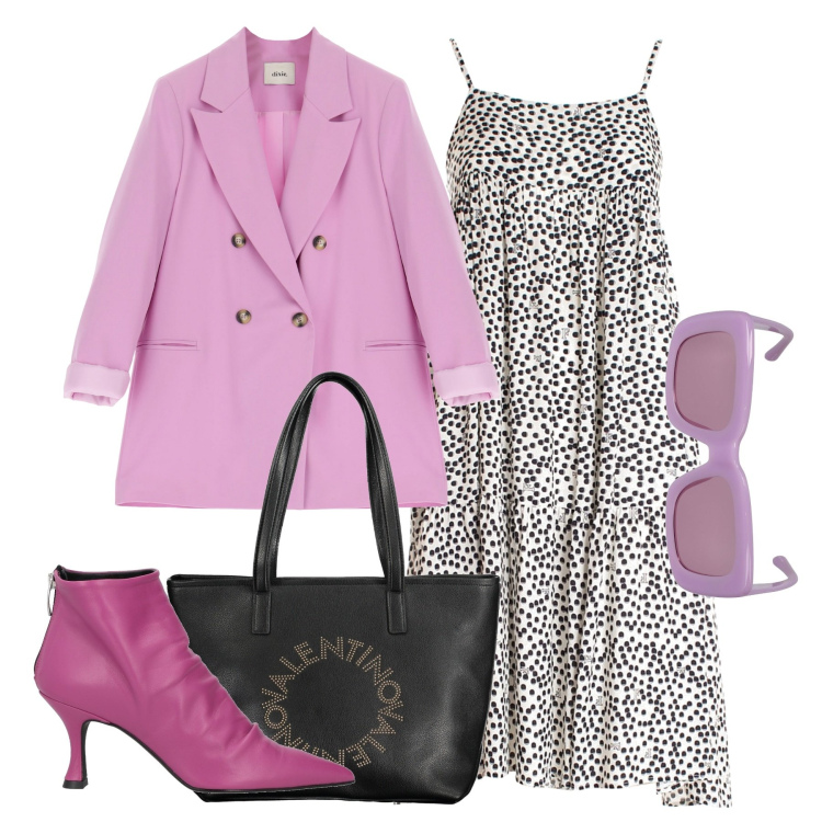 Outfit donna - Il prendisole con il blazer. Stile Chic per Tutti i giorni. Abbinamento con stivaletti, vestiti senza maniche, blazer, borse a spalla, occhiali da sole.