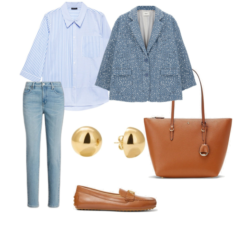 Outfit donna - Passeggiata. Stile Casual per Tutti i giorni. Abbinamento con orecchini, borse tote, mocassini, jeans skinny, blazer, camicie.