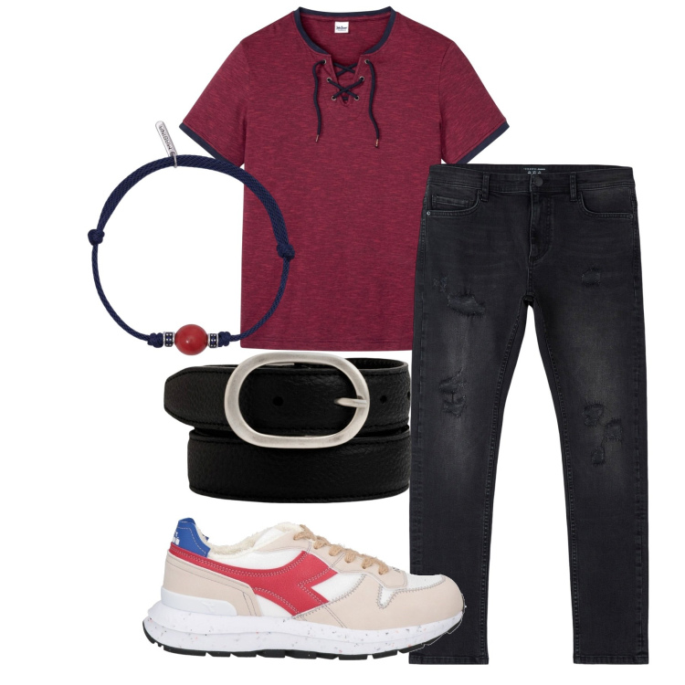 Outfit uomo - City. Stile Urban per Tutti i giorni. Abbinamento con t-shirt, sneakers, jeans strappati, braccialetti, cinture.