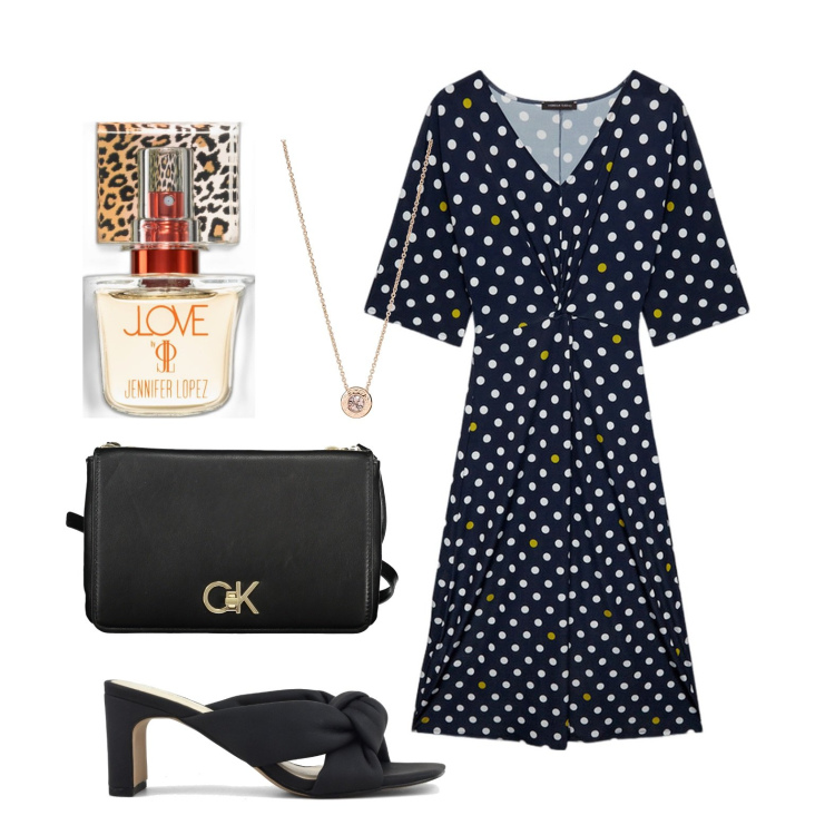 Outfit donna - La tracolla sui pois. Stile Trendy per Tutti i giorni. Abbinamento con collane, profumi, vestiti, sandali col tacco, borse a tracolla.