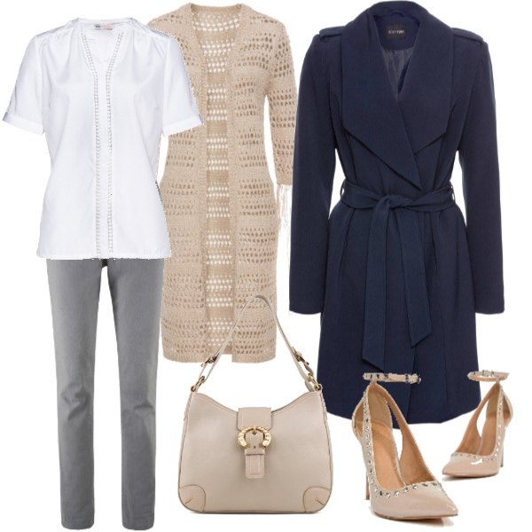 Outfit donna - Basic #16649. Stile Basic per Tutti i giorni. Abbinamento con cardigan in in maglia beige e corda, trench con bottoni, camicetta con arricciature e scollo a maniche corte bianco, pantaloni, scarpe con borchie e tacco alto a punta in denim, shopping bag beige.
