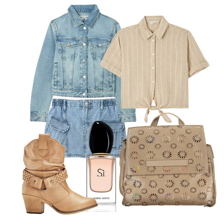 Outfit donna - Total denim in città. Stile Trendy per Tutti i giorni. Abbinamento con stivaletti texani, profumi, camicie a manica corta, minigonne, blazer, zaini.